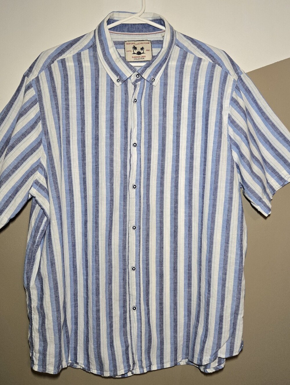 Report Collection Summer Linen Men's Button Shirt Blue White Stripe Size XXL